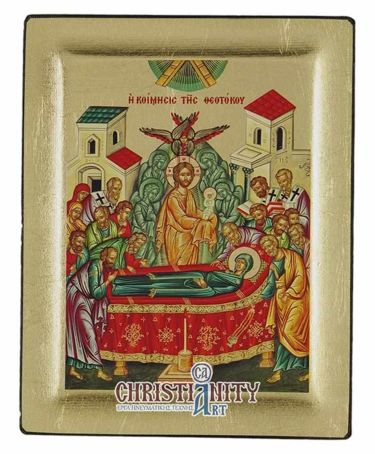 The Dormition of Virgin Mary - Engraved wooden image on canvas with golden background - Mount Athos