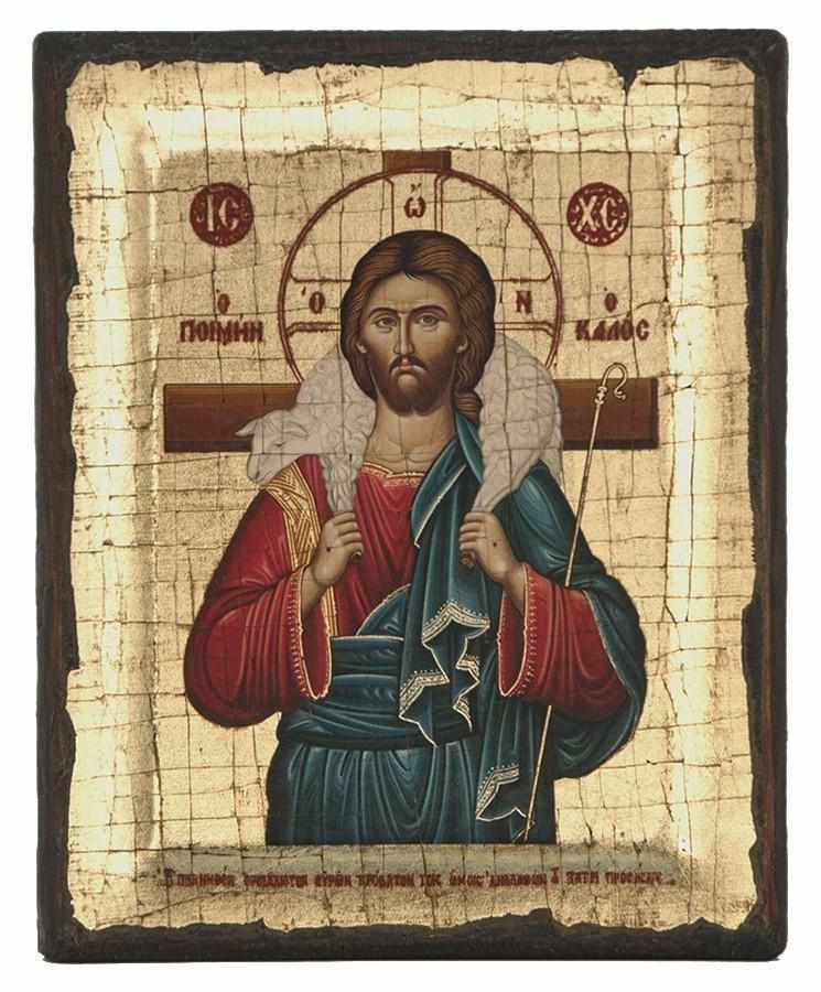 Christ Good Shepherd - Discovered wooden aged image on canvas with golden background - Mount Athos — additional product image 5 from Christianity Art