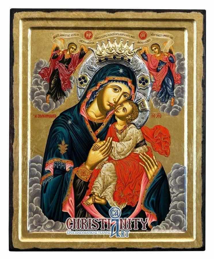 Virgin Mary Gliofilousa - Engraved wooden image with silver halo - Mount Athos