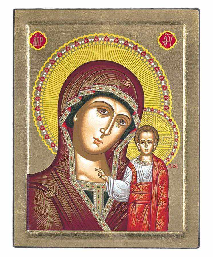 Our Lady of Kazan - Engraved wooden image on canvas with golden background - Mount Athos — additional product image 6 from Christianity Art