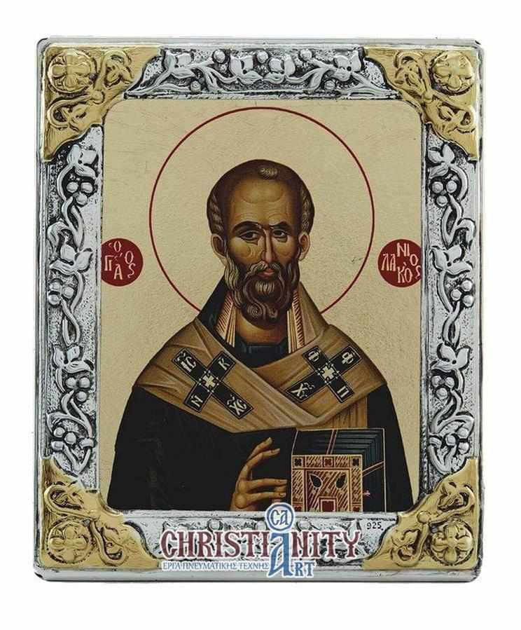 Saint Nikolaos - Silver image in wood, locally gold plated - Mount Athos