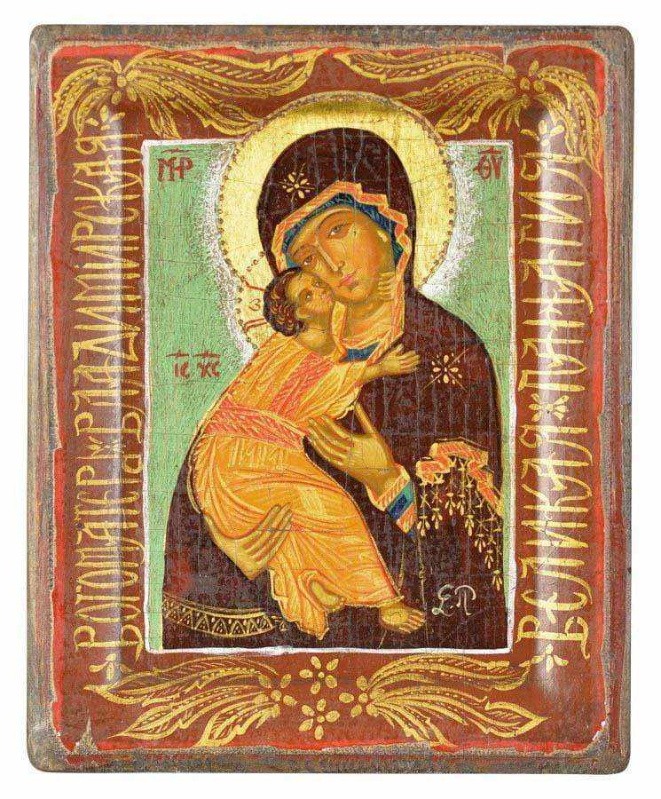Virgin Mary Vladimir - 100% handmade wooden image on canvas with golden background - Mount Athos — additional product image 4 from Christianity Art