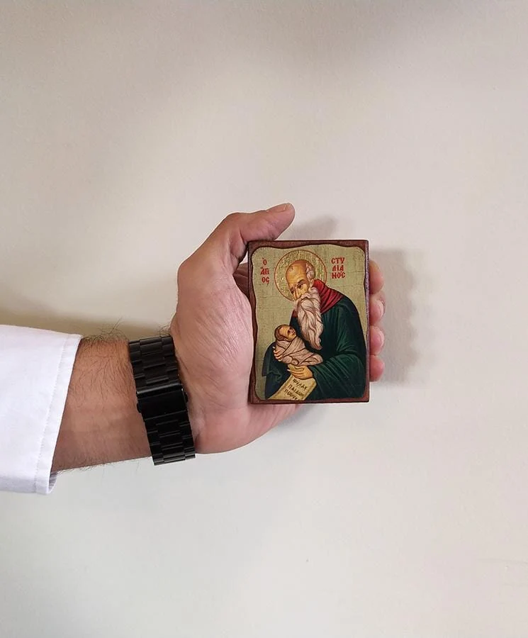 Saint Stylianos - Wooden aged image on canvas with golden background - Mount Athos — additional product image 4 from Christianity Art