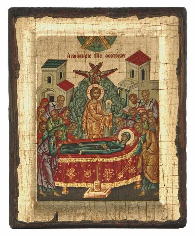 The Dormition of Virgin Mary - Engraved wooden aged image on canvas with golden background - Mount Athos — additional product image 5 from Christianity Art
