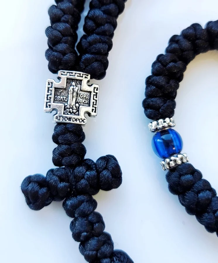 Athonite Waxed Prayer Rope with 100 Knots, Metal Cross & Tassel – Black with Coloured Beads — additional product image 4 from Christianity Art