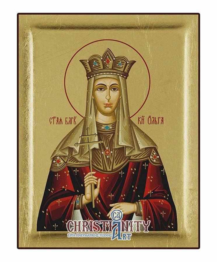Saint Olga - Excavated wooden image on canvas with gold background - Mount Athos