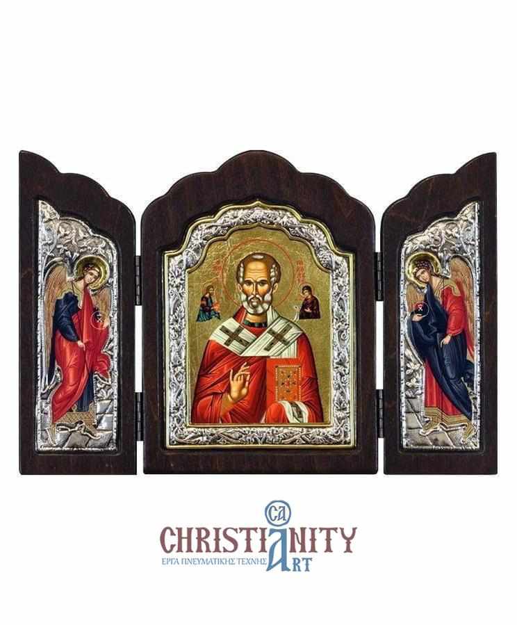 Saint Nikolaos - Silver icon triptych in wood, locally gilded - Mount Athos