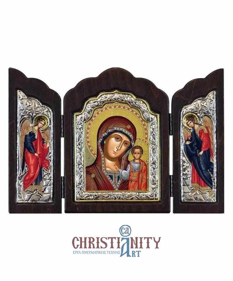 Our Lady of Kazan - Silver icon triptych in wood, locally gilded - Mount Athos