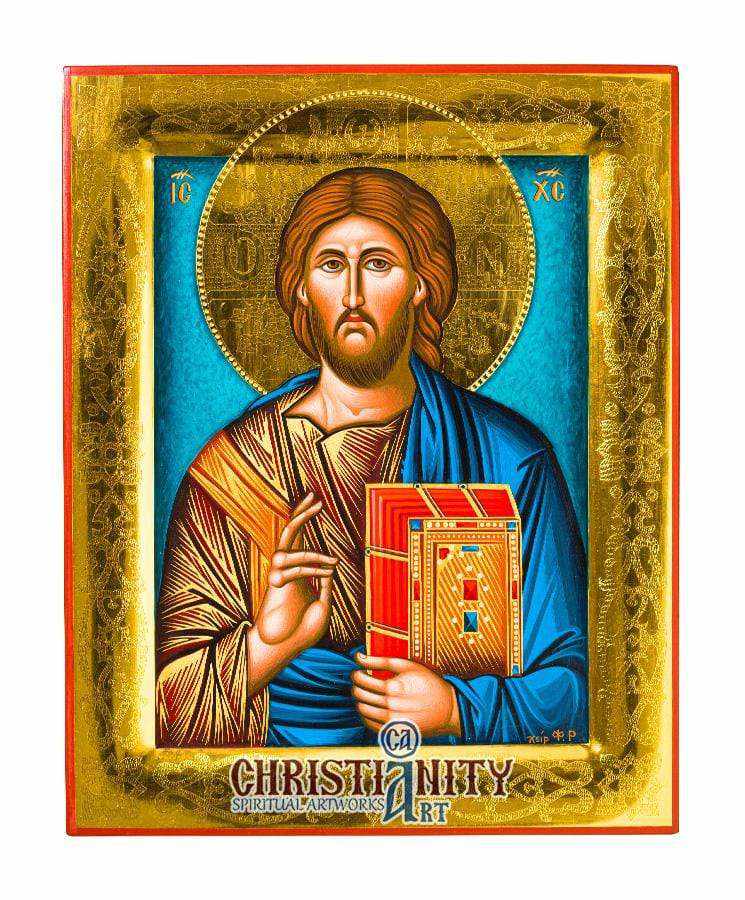 Christ Blessings - Stylist 100% handmade image on canvas with gold background 24 carats on specially processed wood - Mount Athos