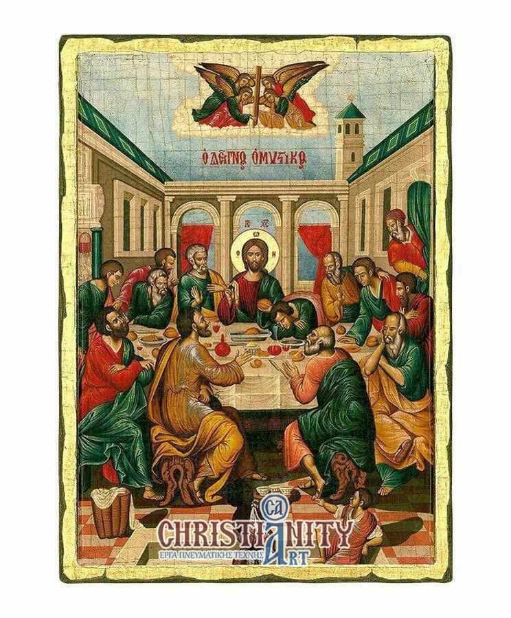 The Secret Dinner - Engraved wooden image on canvas with golden background - Mount Athos