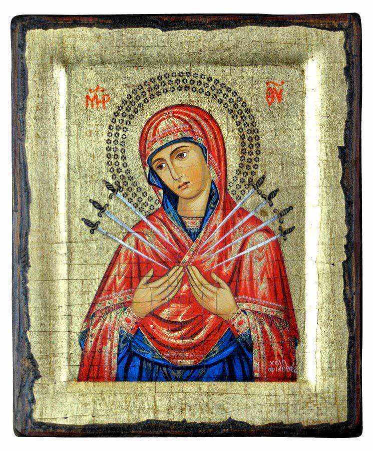 Virgin Mary with 7 Swords - Handmade icon of hagiography on aged wood - Mount Athos — additional product image 4 from Christianity Art