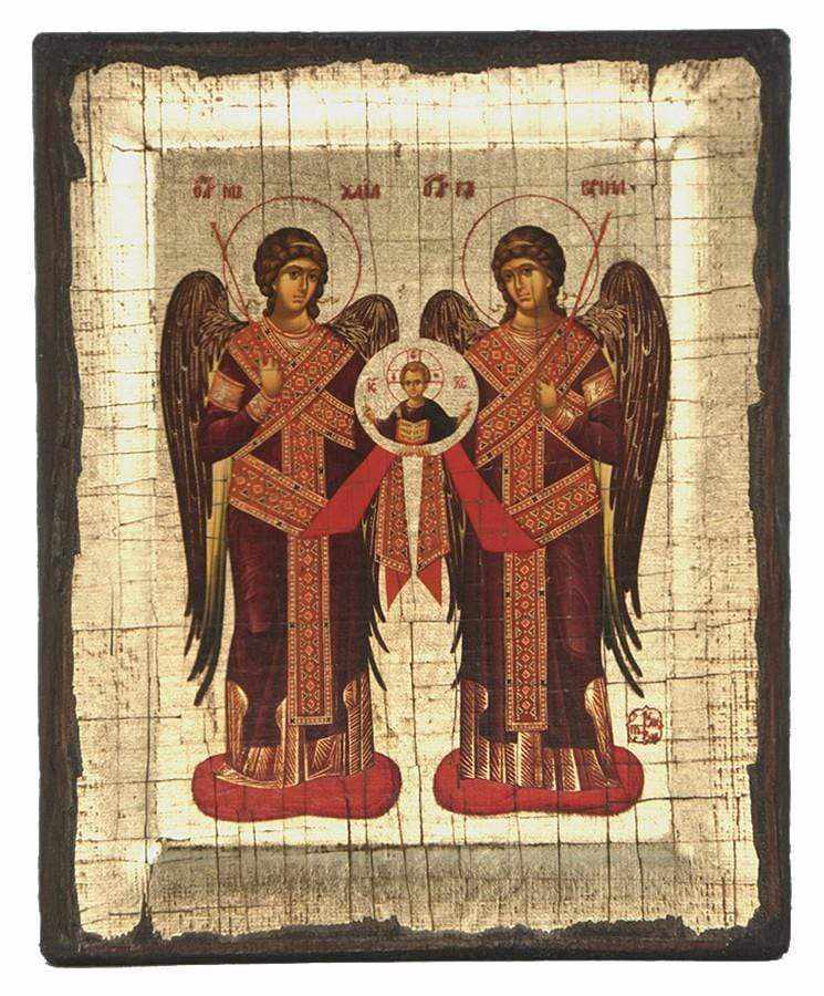 The Congregation of Archangels - Engraved wooden aged image on canvas with golden background - Mount Athos — additional product image 5 from Christianity Art