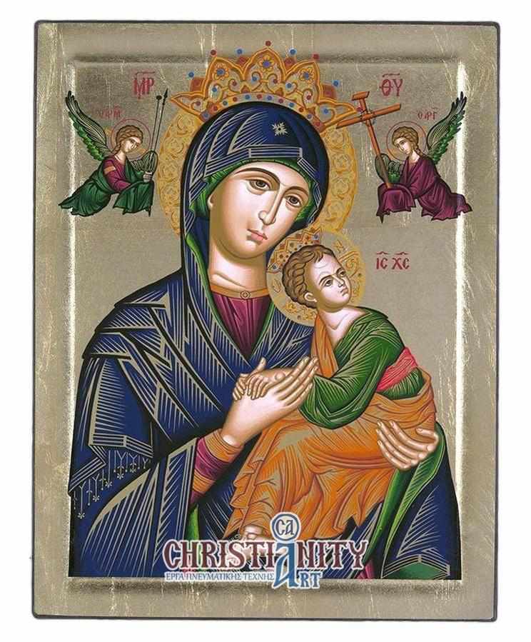 Virgin Mary Permanent Helper - Engraved wooden image on canvas with golden background - Mount Athos