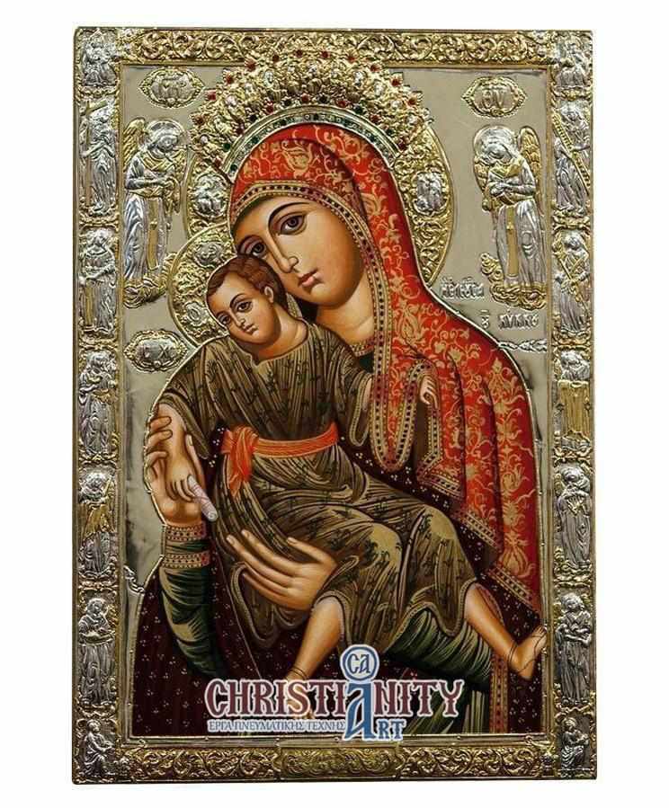 Virgin Mary Theotokos Elousa - Silver image on wood, locally gilded - Mount Athos — additional product image 2 from Christianity Art