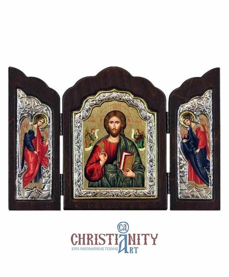 Christ Almighty - Silver icon triptych in wood, locally gilded - Mount Athos