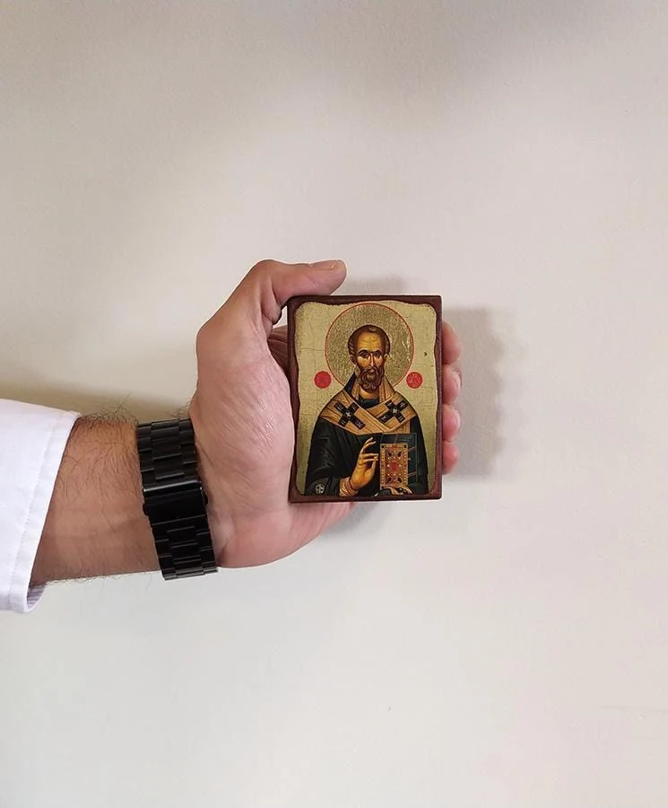 Saint Nikolaos - Wooden aged image on canvas with golden background - Mount Athos — additional product image 4 from Christianity Art