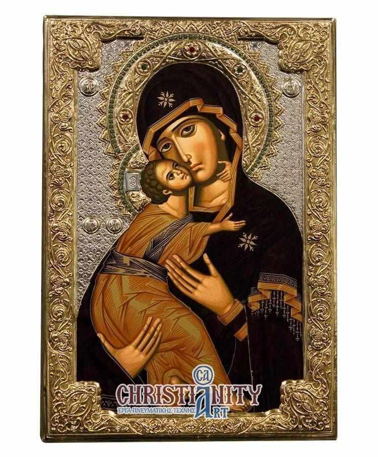 Virgin Mary Vladimir - Silver image in wood, locally gilded - Mount Athos — additional product image 4 from Christianity Art