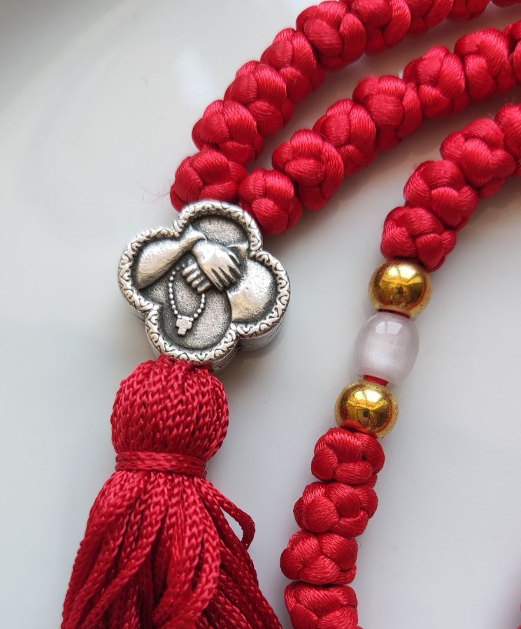 Athonite Waxed Prayer Rope with 100 Knots, Double-Sided Metal Cross & Tassel – Black or Red — additional product image 2 from Christianity Art