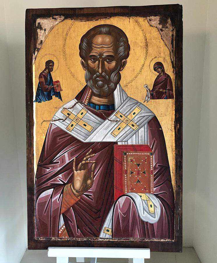Saint Nikolaos - 100% handmade wooden image on canvas with golden background - Mount Athos — additional product image 3 from Christianity Art