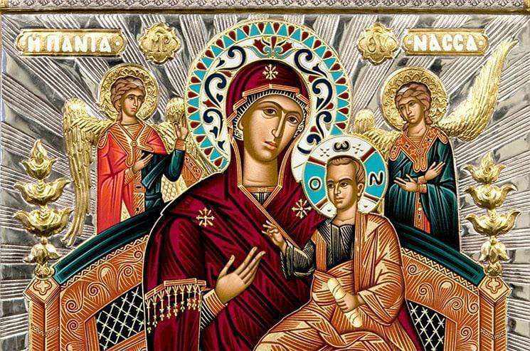 Virgin Mary Pantanassa - Silver image on wood, locally gilded and decorated with enamel - Mount Athos — additional product image 3 from Christianity Art