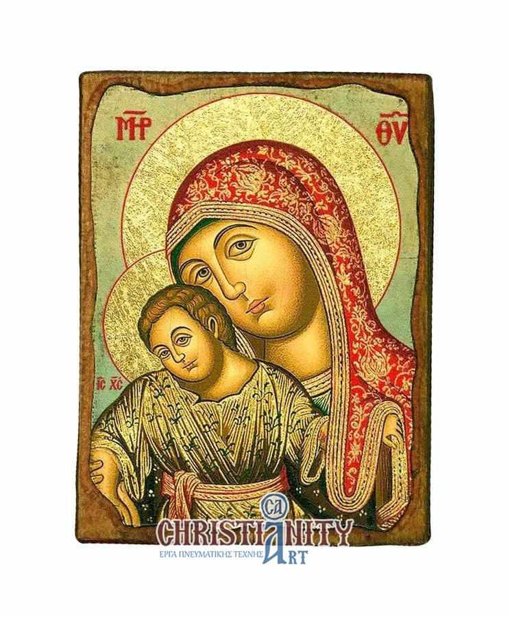 Virgin Mary Theotokos Elousa - Wooden aged image on canvas with golden background - Mount Athos