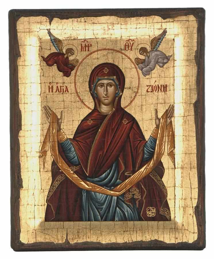 Holy Mary Zone - Engraved wooden aged image on canvas with golden background - Mount Athos — additional product image 5 from Christianity Art