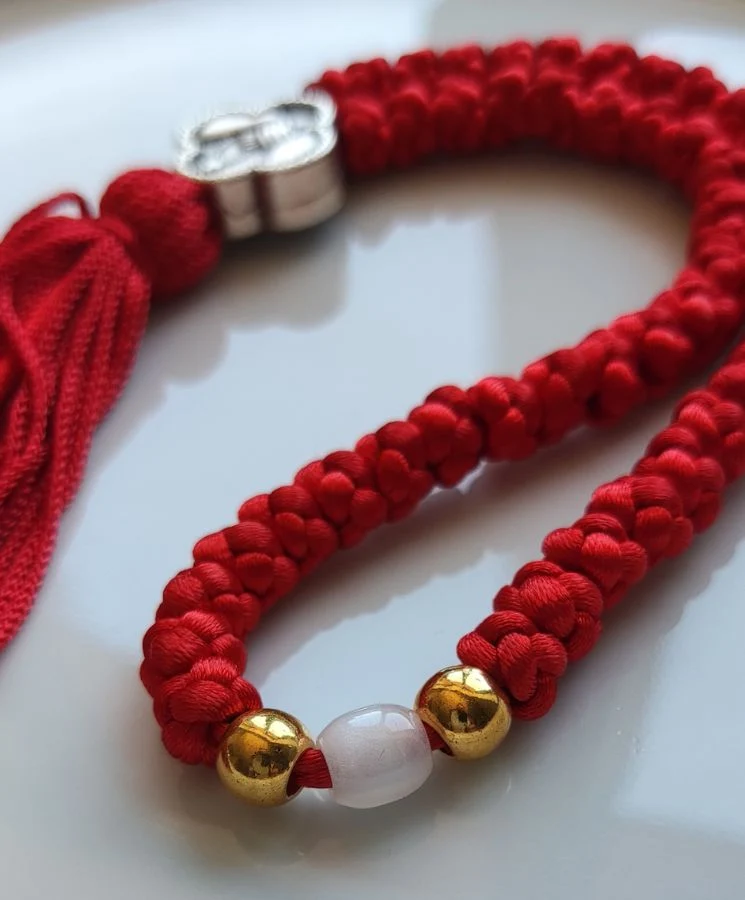 Athonite Waxed Prayer Rope with 50 Knots, Double-Sided Metal Cross & Tassel – Red — additional product image 5 from Christianity Art