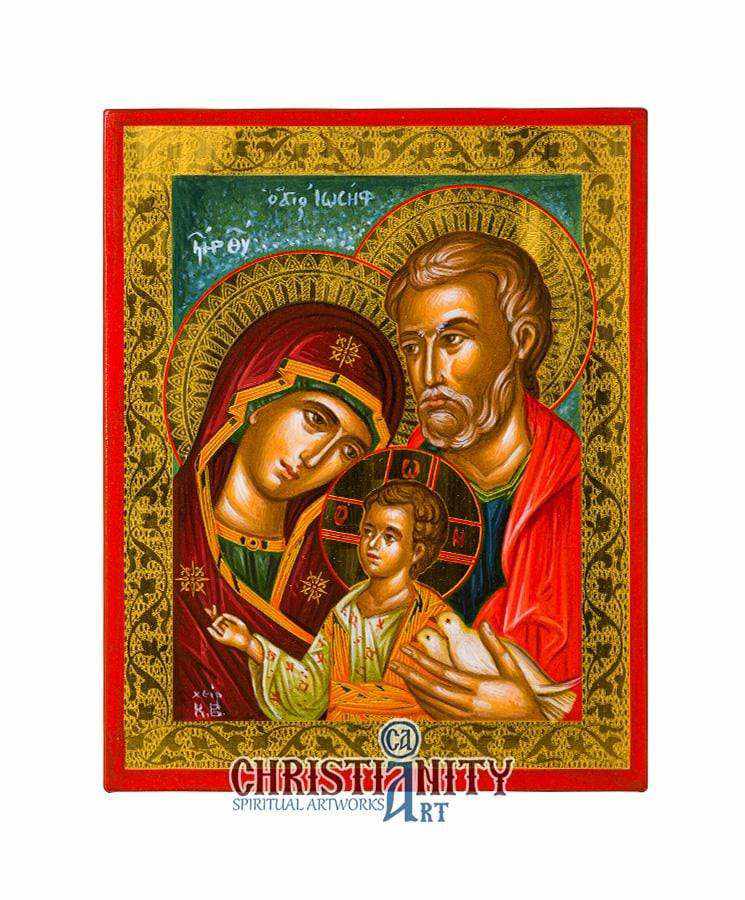 The Holy Family - Polished 100% Handmade Canvas Image with 24K Gold Background on Specially Treated Wood - Mount Athos