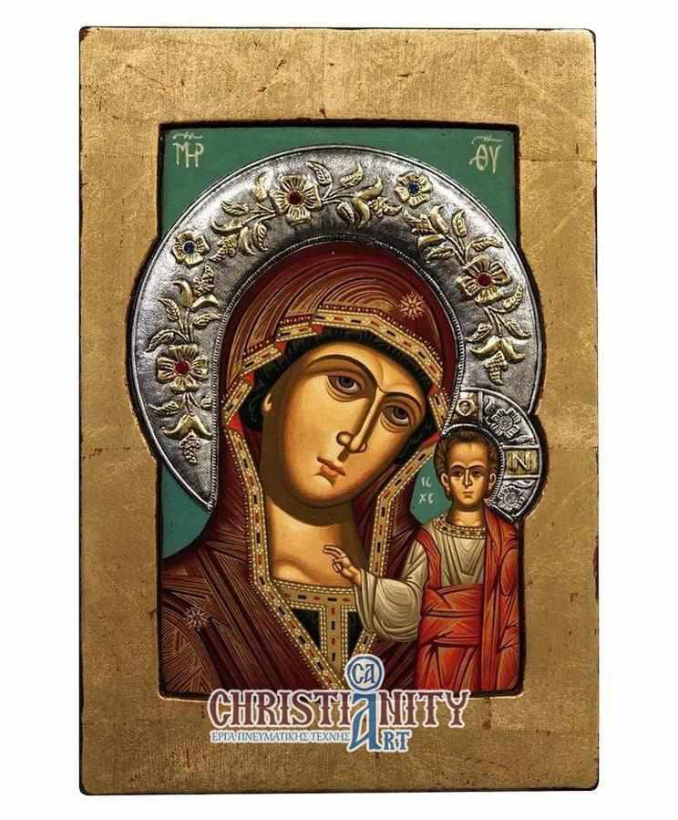 Our Lady of Kazan - Old wooden image with silver halo locally gold plated - Mount Athos — additional product image 2 from Christianity Art