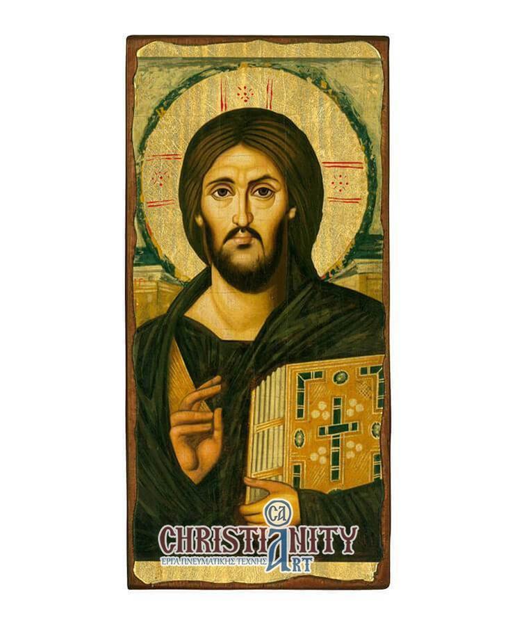 Christ Almighty - Wooden aged image on canvas with golden background - Mount Athos