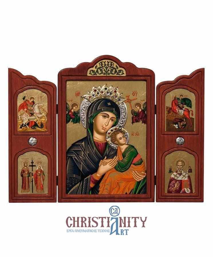 Virgin Mary Permanent Help - Old wooden icon triptych with silver halo locally gold plated - Mount Athos