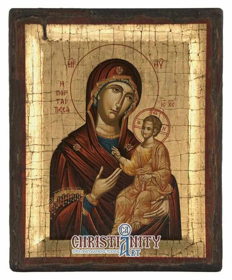 Virgin Mary Portaitissa - Engraved wooden aged image on canvas with golden background - Mount Athos