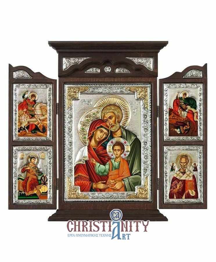 The Holy Family - Silver icon triptych on wood, locally gilded - Mount Athos