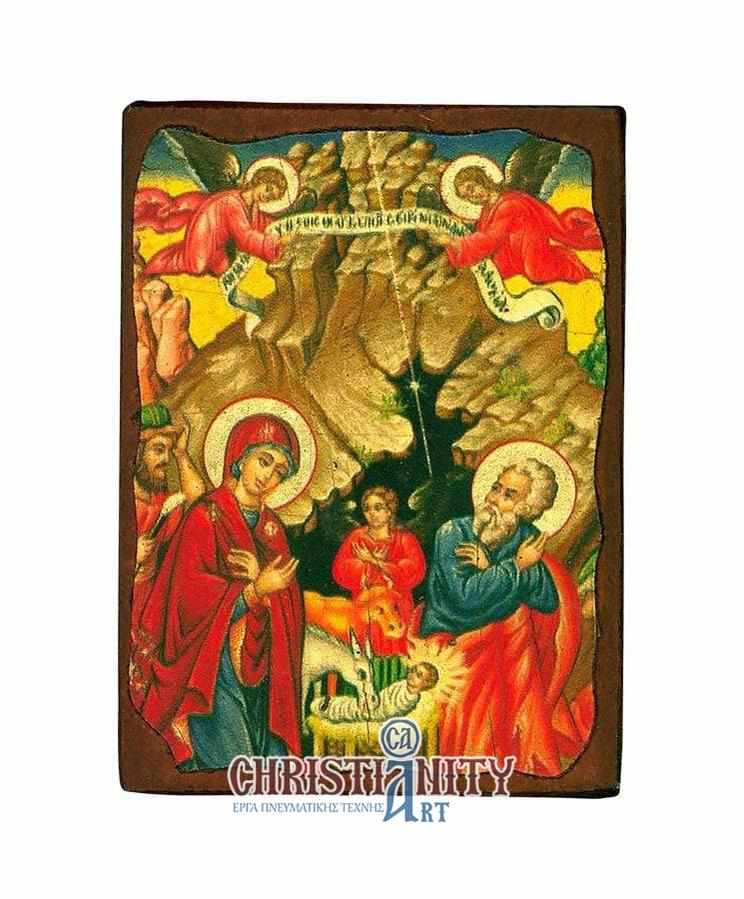 The Birth of Christ - Wooden aged image on canvas with golden background - Mount Athos