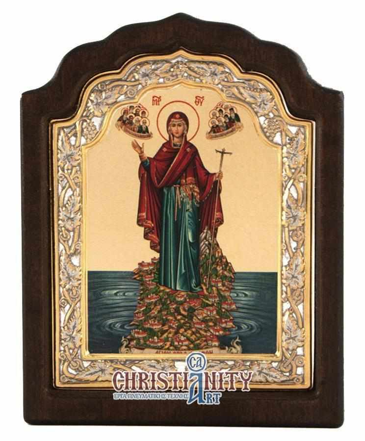 Virgin Mary Athonite - Silver image on wood, locally gold plated - Mount Athos