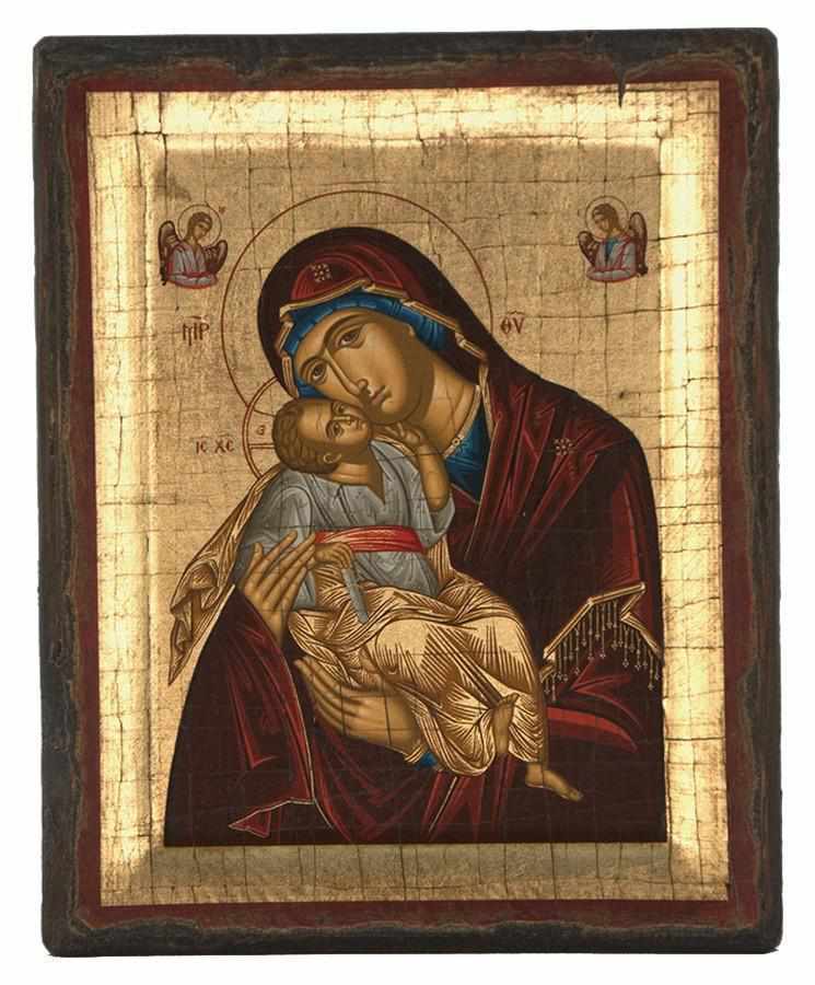 Virgin Mary Glylofilousa - Engraved wooden aged image on canvas with golden background - Mount Athos — additional product image 5 from Christianity Art
