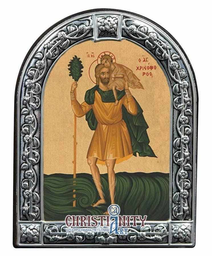 St. Christopher - Image in wood with indelible metal frame - Mount Athos