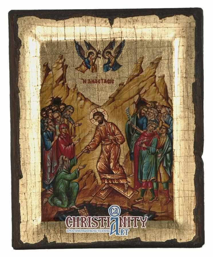 The Resurrection of Christ - Engraved wooden aged image on canvas with golden background - Mount Athos