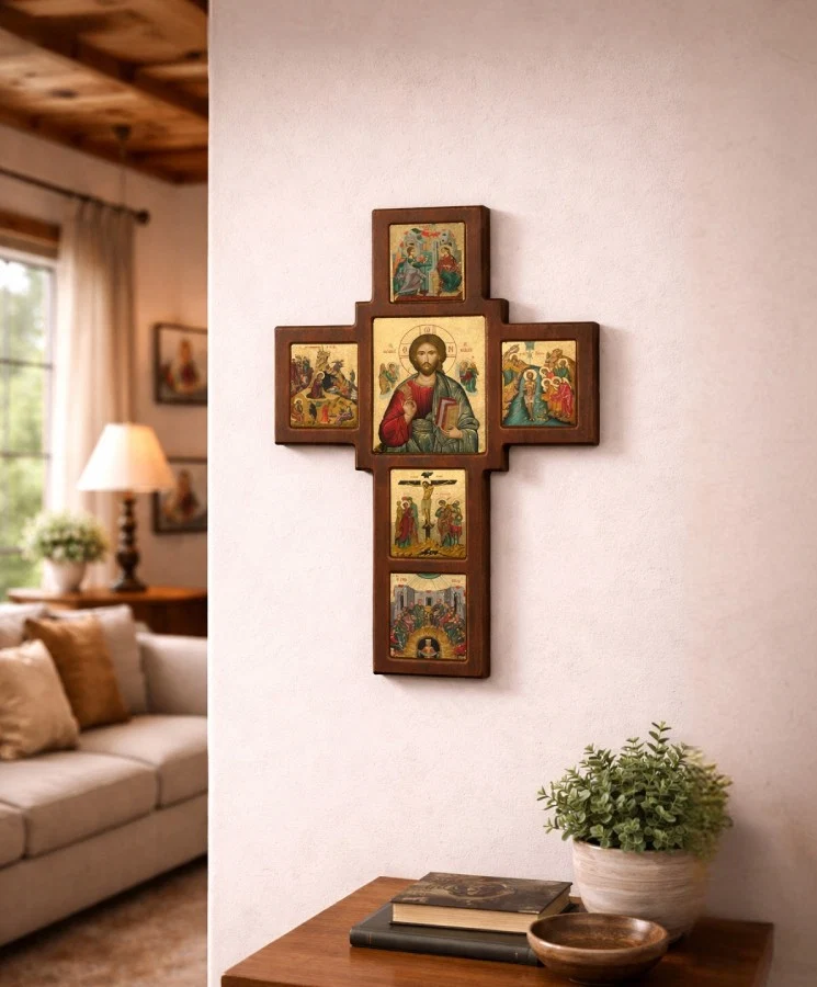 Wooden Cross of Blessing with Picture of Christ Almighty and Scenes from His Life — additional product image 2 from Christianity Art