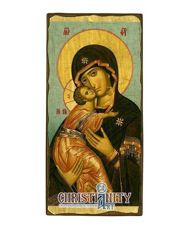 Virgin Mary Vladimir - Wooden aged image on canvas with golden background - Mount Athos