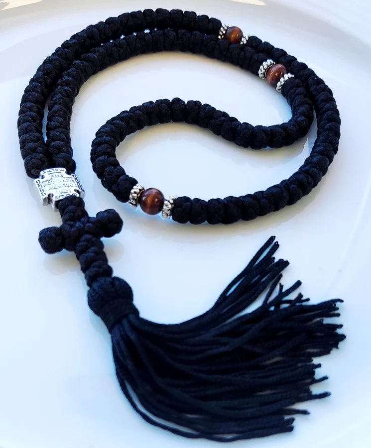 Athonite Waxed Prayer Rope with 100 Knots, Metal Cross & Tassel – Black with Coloured Beads — additional product image 5 from Christianity Art