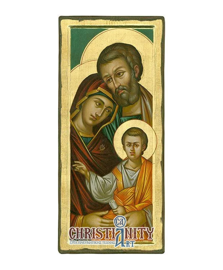 The Holy Family - 100% handmade wooden picture on canvas with gold background - Mount Athos