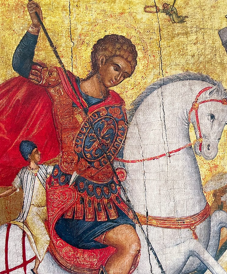 Saint George - Excavated wooden aged image on canvas with gold background - Mount Athos — additional product image 4 from Christianity Art