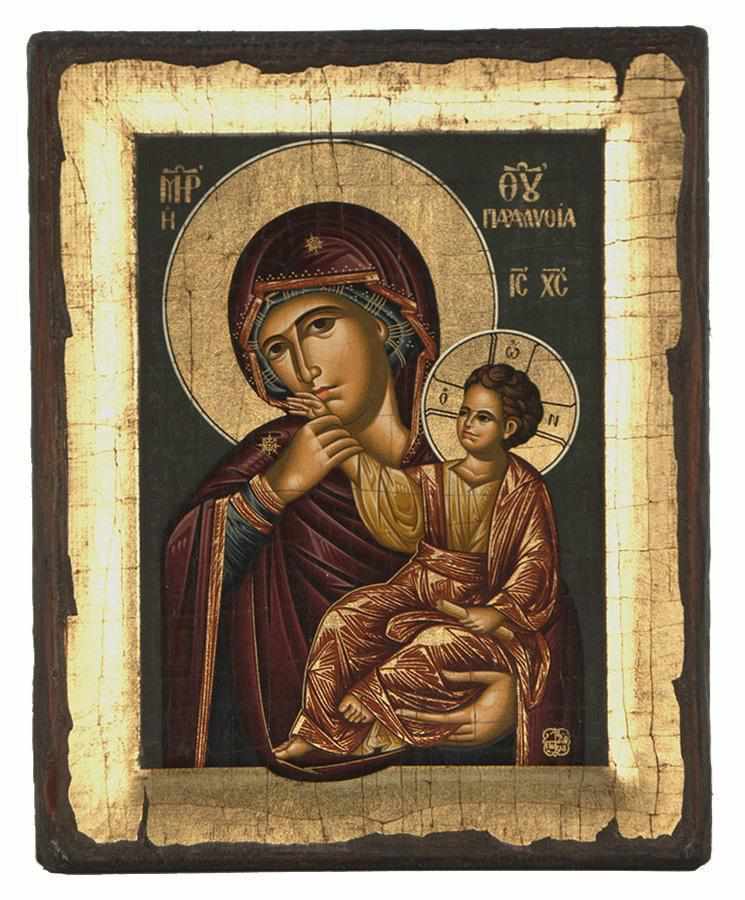 Virgin Mary Paramythia - Engraved wooden aged image on canvas with golden background - Mount Athos — additional product image 5 from Christianity Art