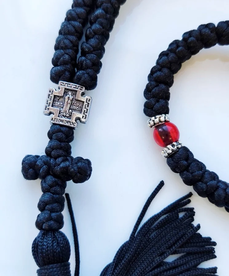 Athonite Waxed Prayer Rope with 100 Knots, Metal Cross & Tassel – Black with Coloured Beads — additional product image 3 from Christianity Art