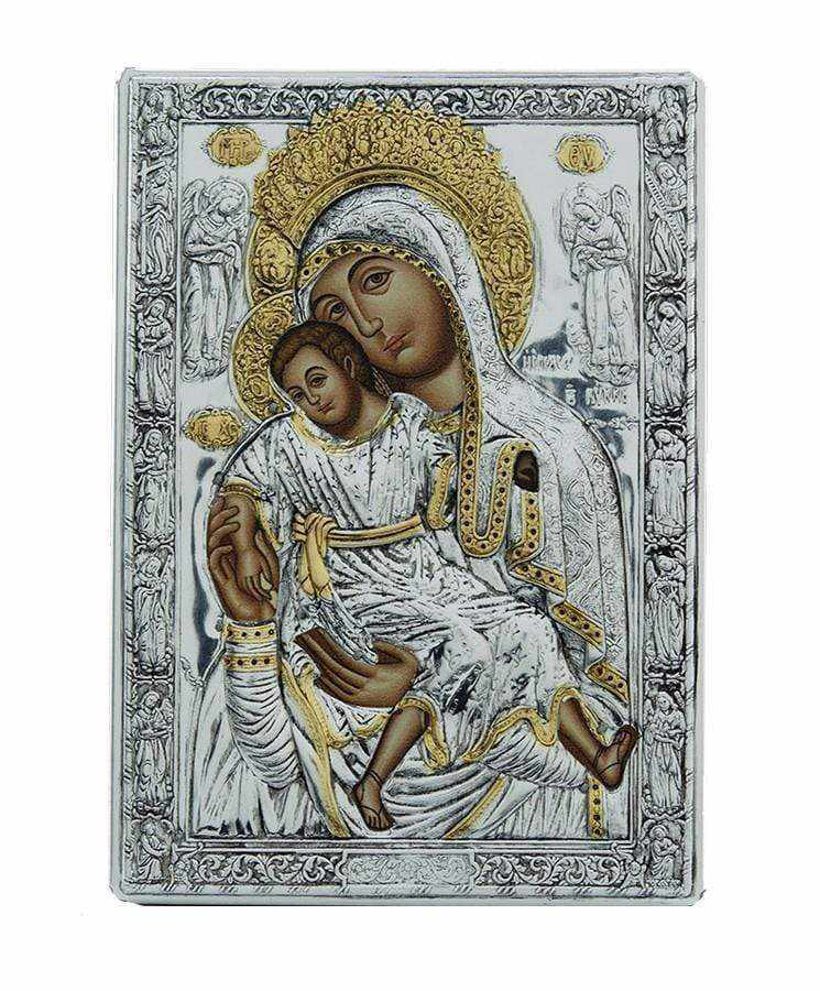 Virgin Mary Theotokos Elousa - Silver image on wood, locally gilded - Mount Athos — additional product image 6 from Christianity Art