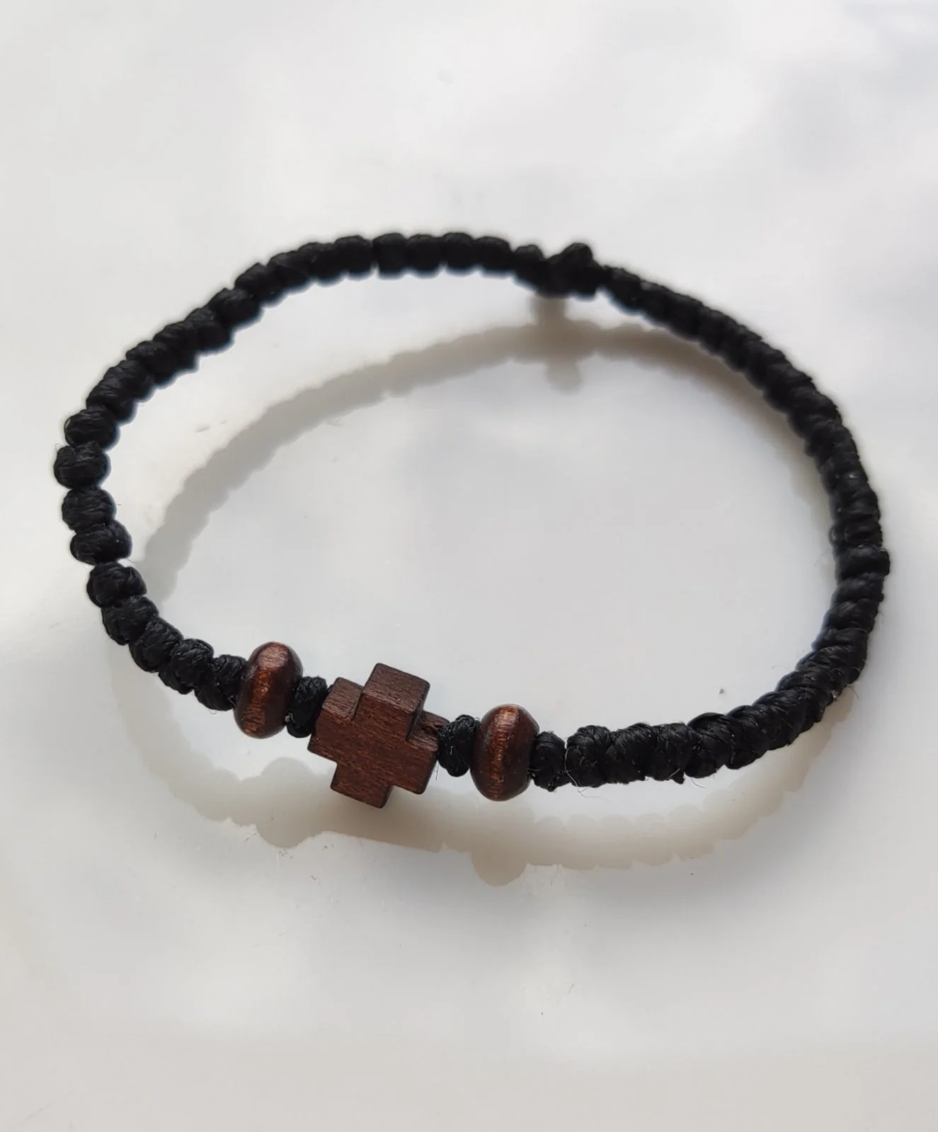Athonite Waxed Prayer Rope Bracelet with Wooden Cross & Brown Beads – Black