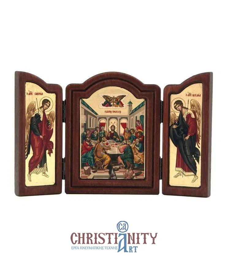 The Secret Dinner - Old wooden image triptych on canvas with golden background - Mount Athos