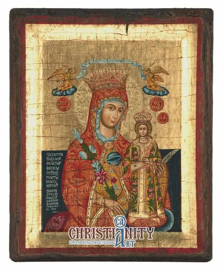 Our Lady of Rods - Engraved wooden aged image on canvas with golden background - Mount Athos