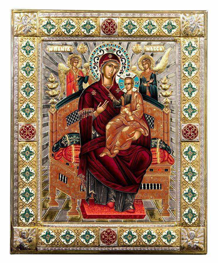 Virgin Mary Pantanassa - Silver image on wood, locally gilded and decorated with enamel - Mount Athos — additional product image 6 from Christianity Art